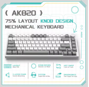 Ajazz AK820 75% Gasket-mounted Wired Mechanical Keyboard-Gray White